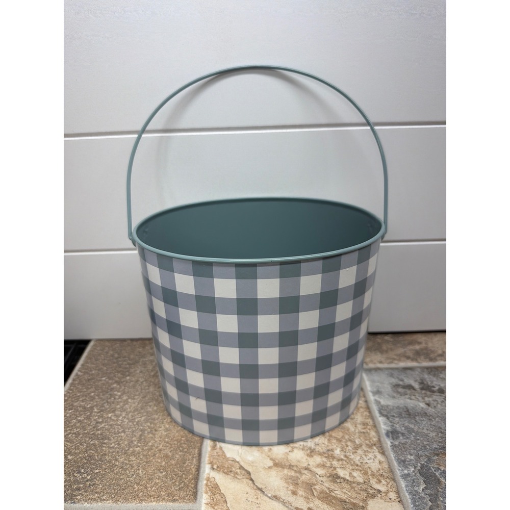 Ashland Easter Meadow Sage Green Gingham Metal Decorative Oval Bucket Handle